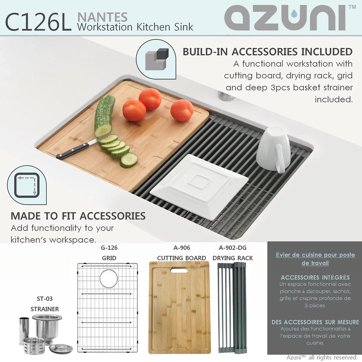 Azuni 25" x 19" Nantes Reversible Workstation Single Bowl Kitchen Sink Stainless Steel C126l