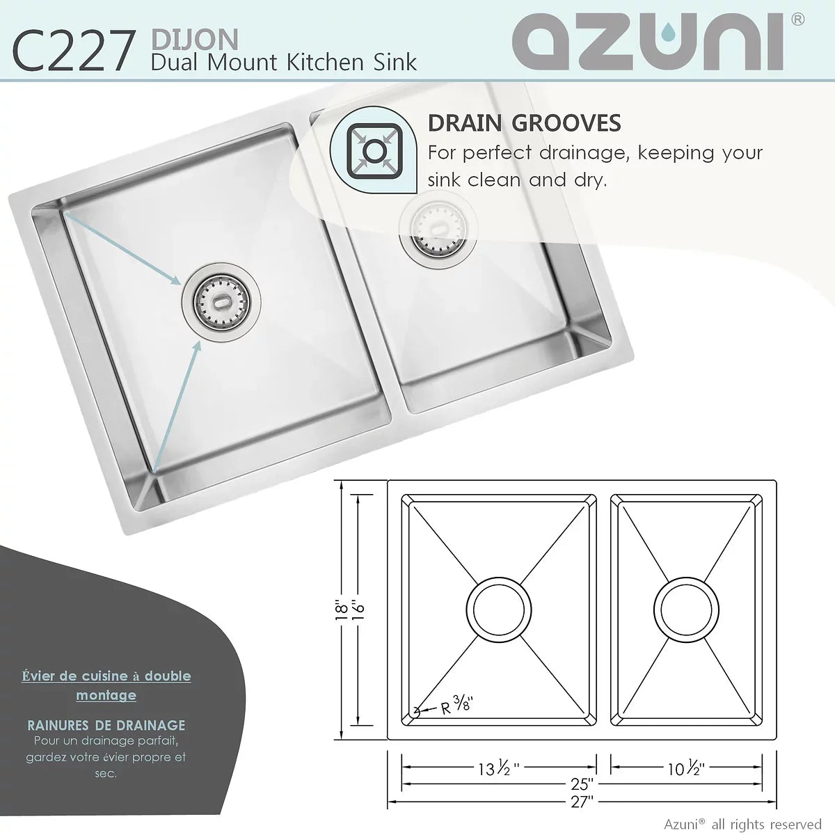 Azuni 27" x 18" Dijon Dual mount Double Bowl Kitchen Sink Stainless Steel C227