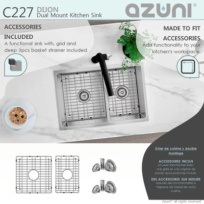 Azuni 27" x 18" Dijon Dual mount Double Bowl Kitchen Sink Stainless Steel C227