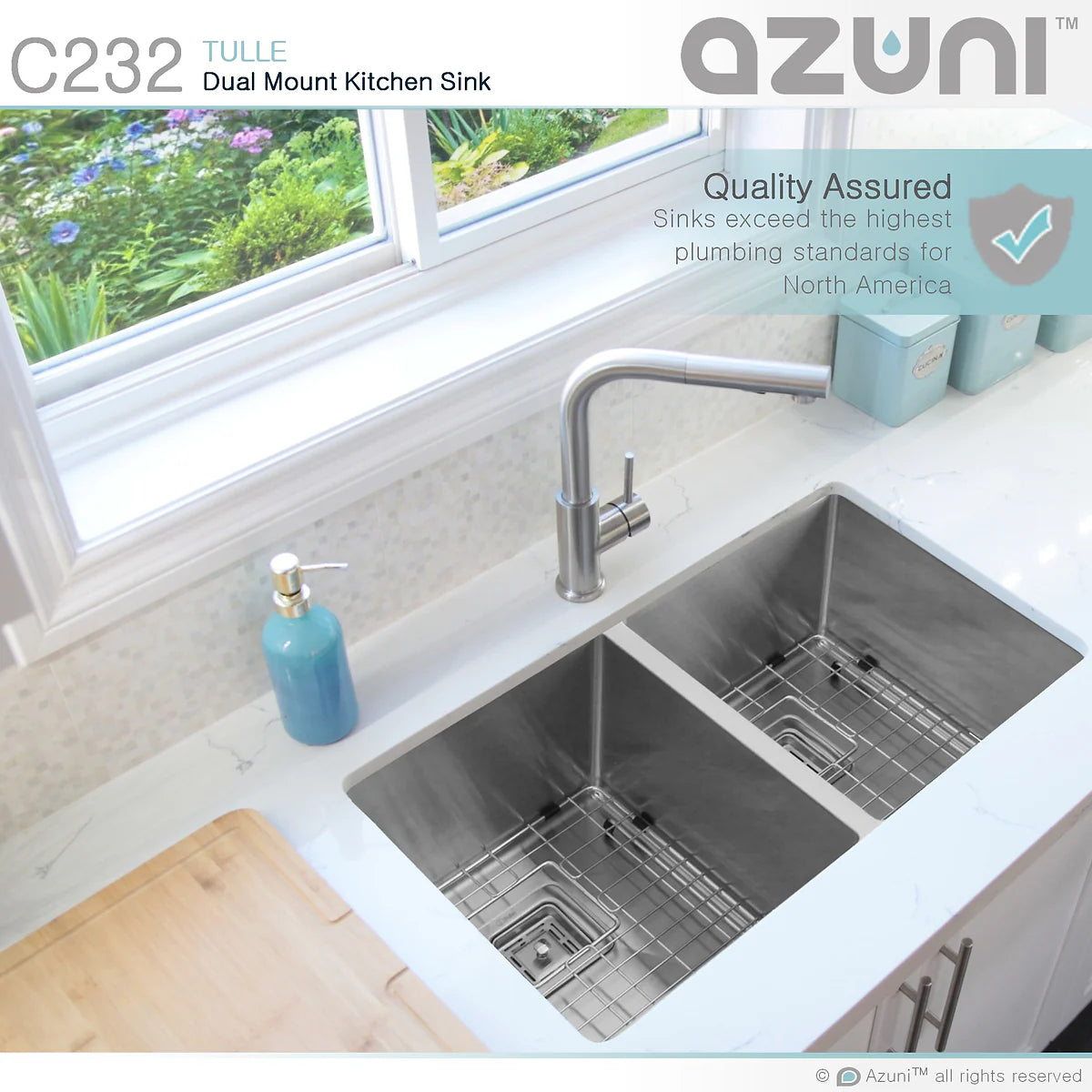 Azuni 32" x 18" Tulle Square Strainer 16 Gauge Undermount or Drop-in 50/50 Double Bowl Stainless Steel Kitchen Sink C232