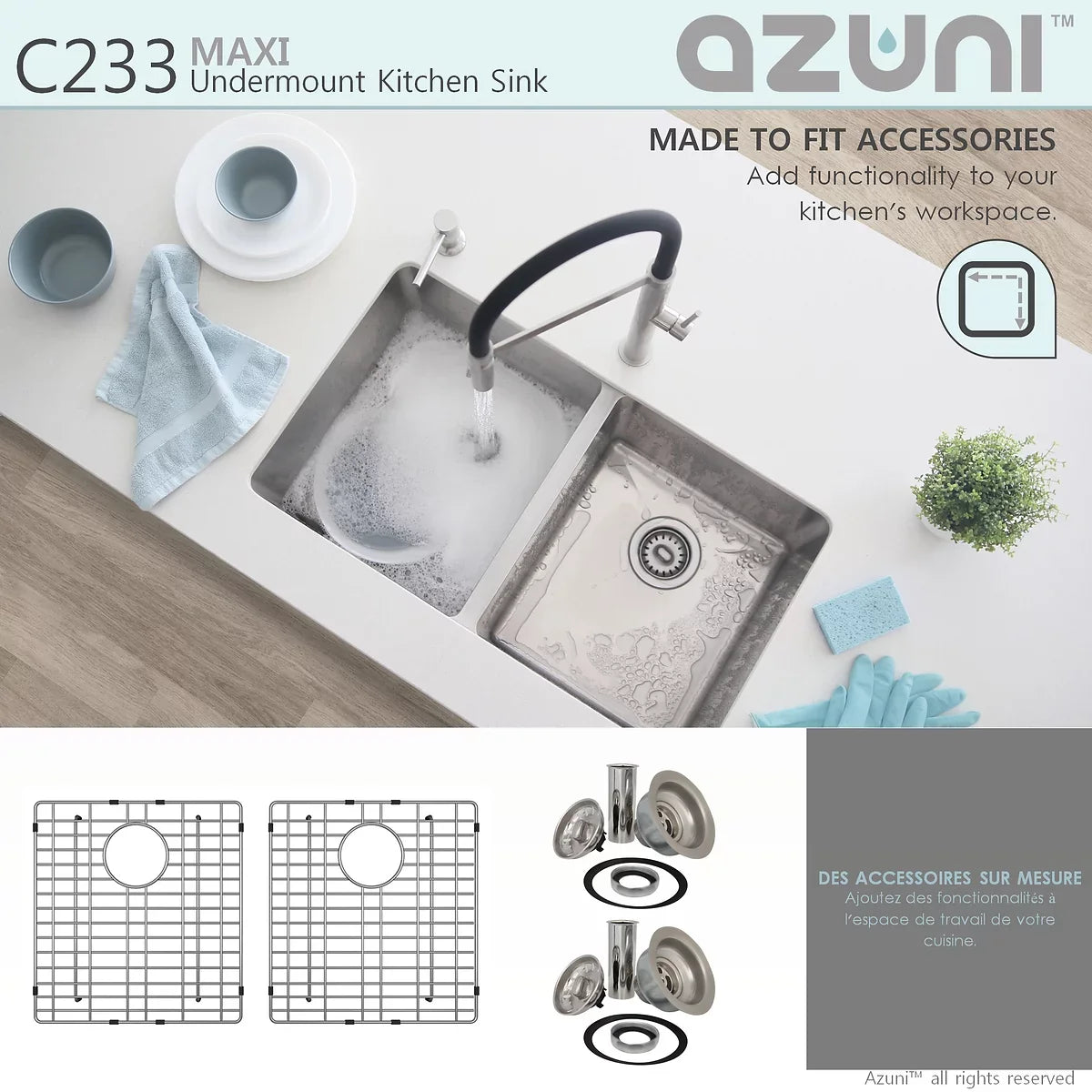 Azuni 32" x 18.5" Maxi Undermount Double Bowl Kitchen Sink Stainless Steel C233