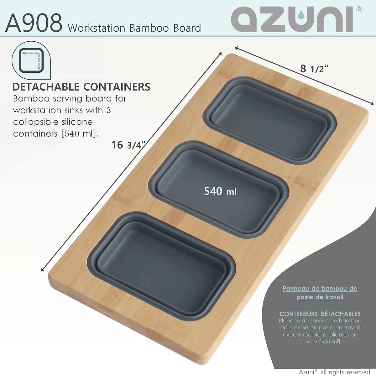 Azuni 17" Workstation Sink Bamboo Serving Board Set With 3 Containers A908