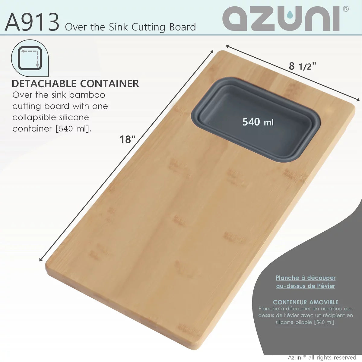 Azuni 18" Kitchen Sink Bamboo Cutting Board Set With Container A913