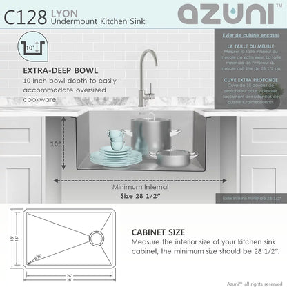 Azuni 28" x 18" Lyon Undermount Single Bowl Kitchen Sink Stainless Steel C128