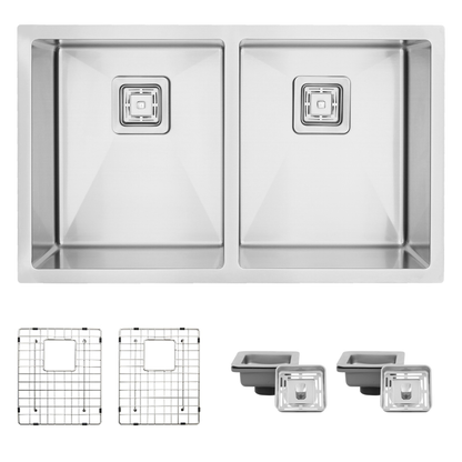 Azuni 32" x 18" Tulle Square Strainer 16 Gauge Undermount or Drop-in 50/50 Double Bowl Stainless Steel Kitchen Sink C232