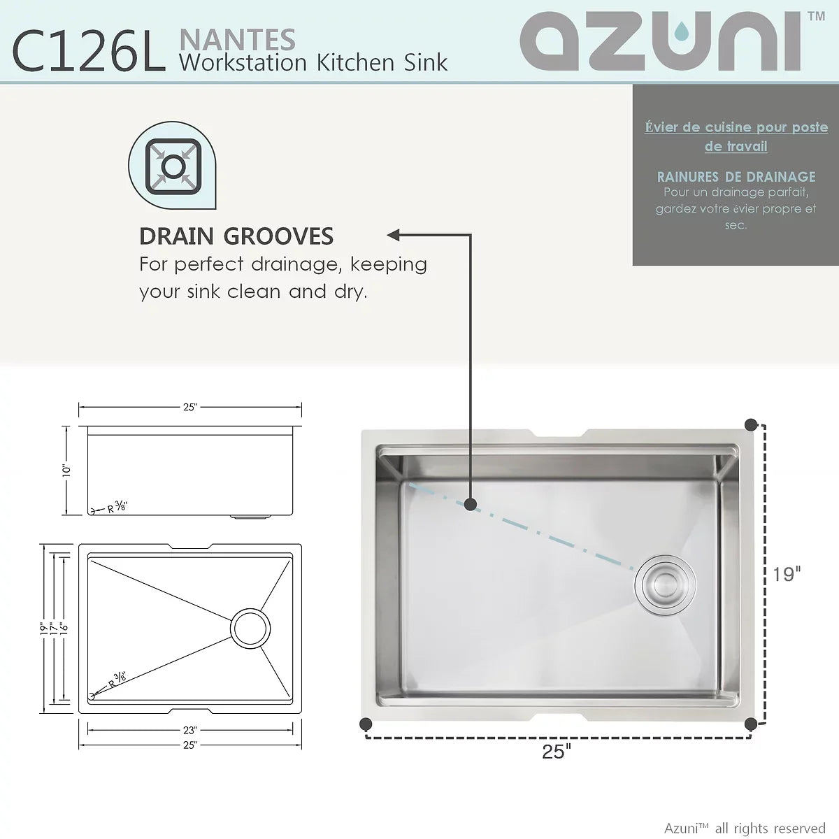 Azuni 25" x 19" Nantes Reversible Workstation Single Bowl Kitchen Sink Stainless Steel C126l