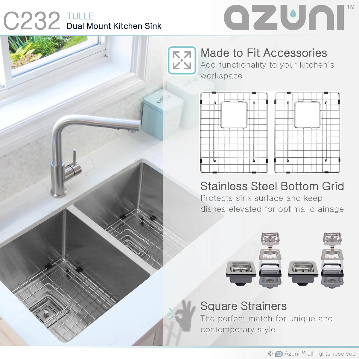 Azuni 32" x 18" Tulle Square Strainer 16 Gauge Undermount or Drop-in 50/50 Double Bowl Stainless Steel Kitchen Sink C232