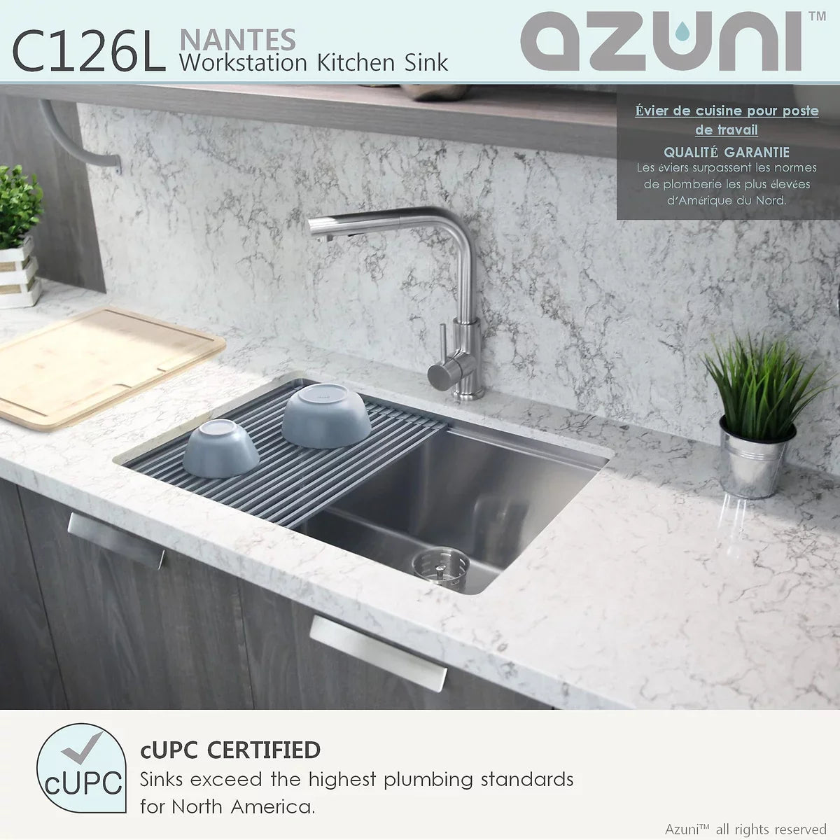 Azuni 25" x 19" Nantes Reversible Workstation Single Bowl Kitchen Sink Stainless Steel C126l