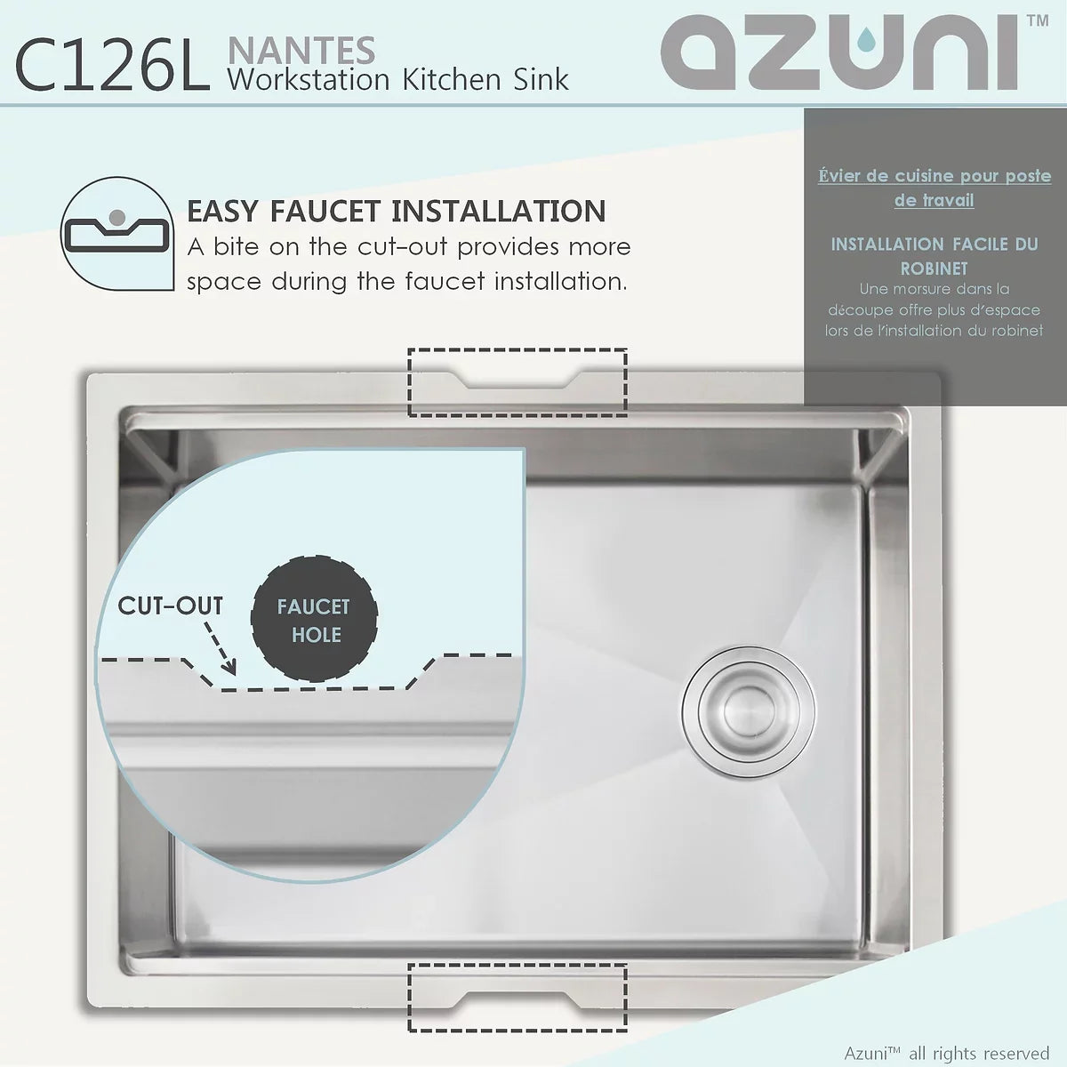 Azuni 25" x 19" Nantes Reversible Workstation Single Bowl Kitchen Sink Stainless Steel C126l