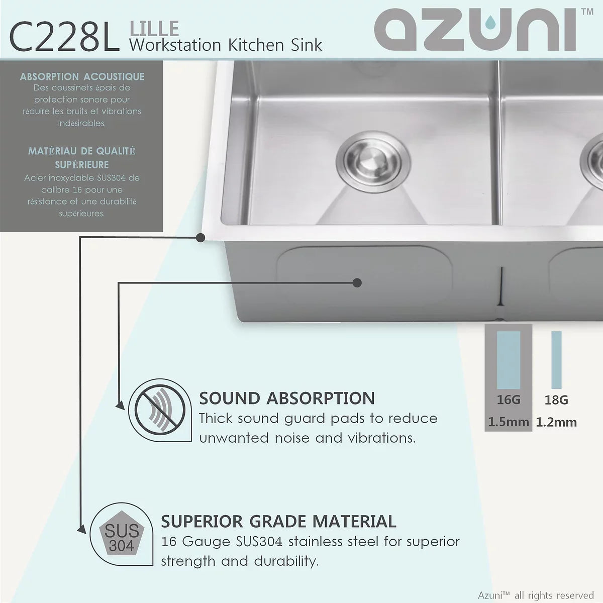 Azuni 28" x 19" Lille Workstation Double Bowl Undermount Kitchen Sink Stainless Steel C228l