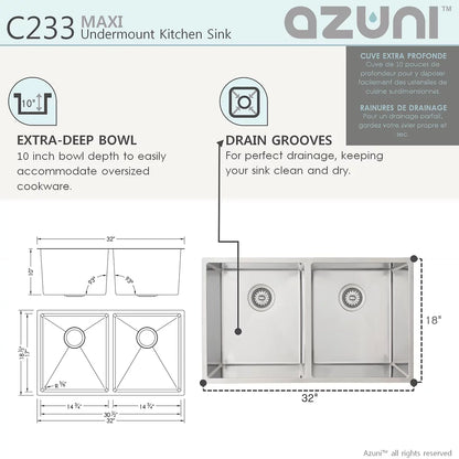 Azuni 32" x 18.5" Maxi Undermount Double Bowl Kitchen Sink Stainless Steel C233