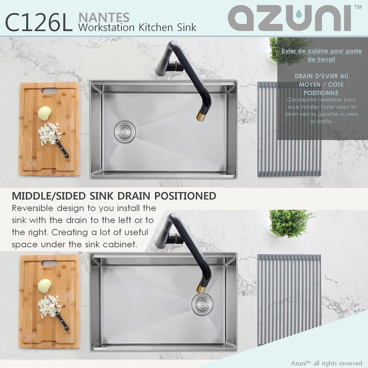 Azuni 25" x 19" Nantes Reversible Workstation Single Bowl Kitchen Sink Stainless Steel C126l