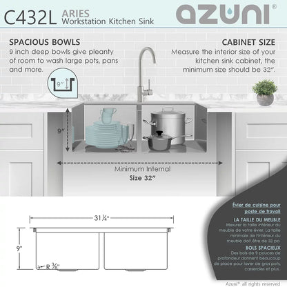 Azuni Aries 31” x 20.5" Workstation Double Bowl Kitchen Sink Stainless Steel C432L