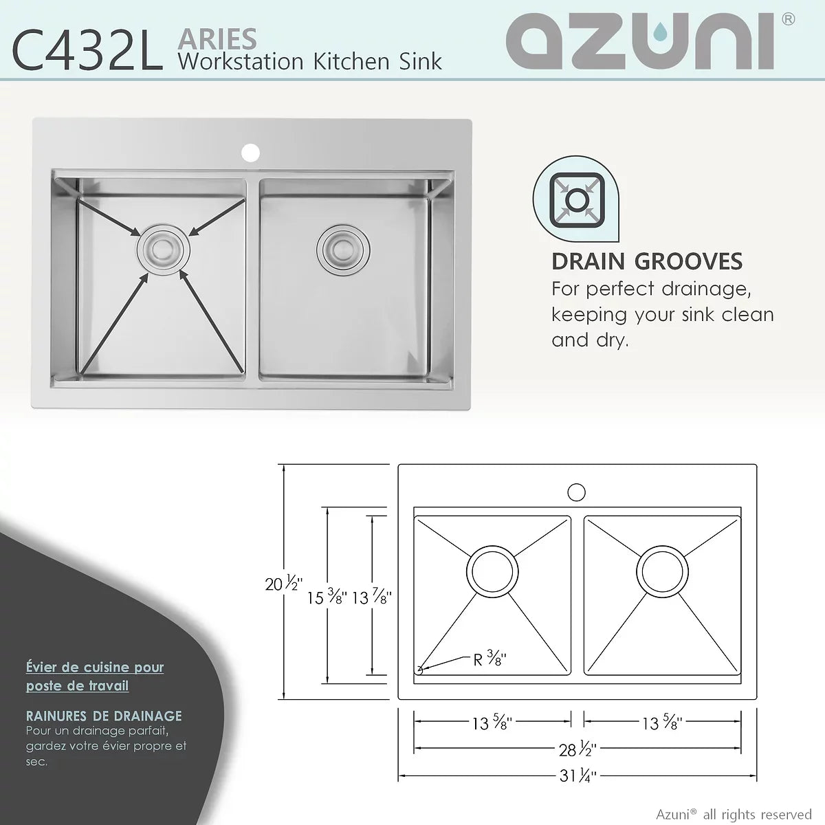 Azuni Aries 31” x 20.5" Workstation Double Bowl Kitchen Sink Stainless Steel C432L