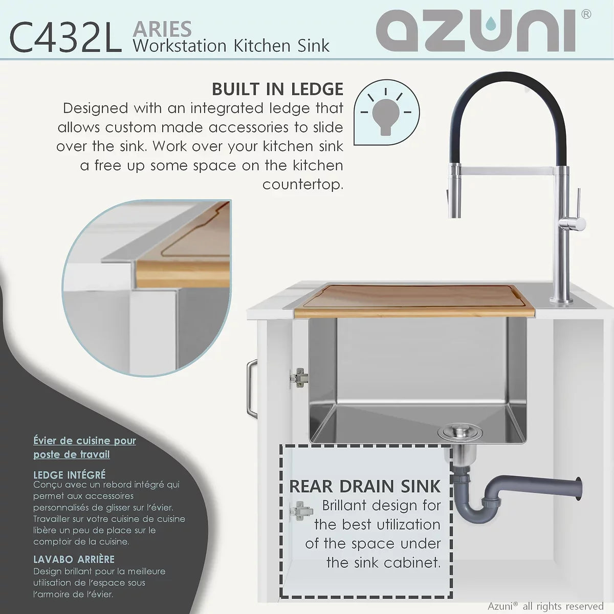 Azuni Aries 31” x 20.5" Workstation Double Bowl Kitchen Sink Stainless Steel C432L