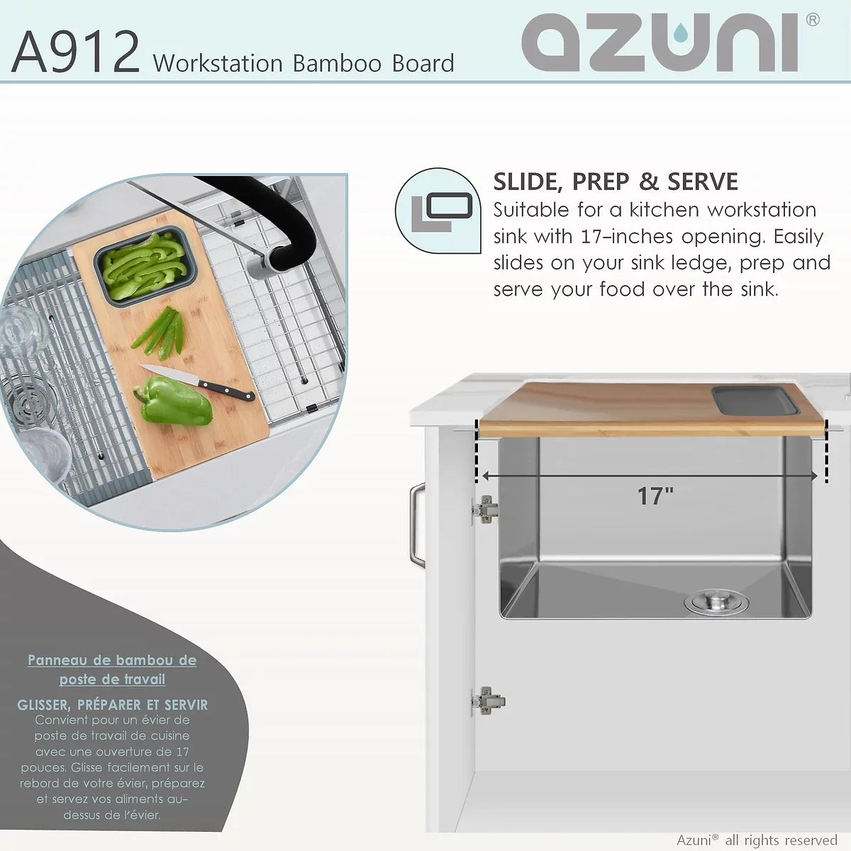 Azuni 17" Workstation Sink Bamboo Cutting Board Set With Container A912