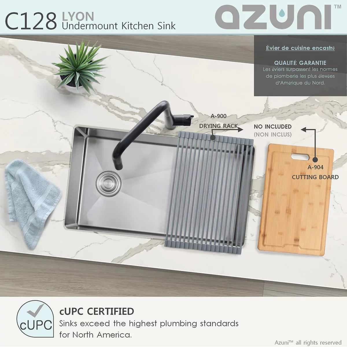 Azuni 28" x 18" Lyon Undermount Single Bowl Kitchen Sink Stainless Steel C128