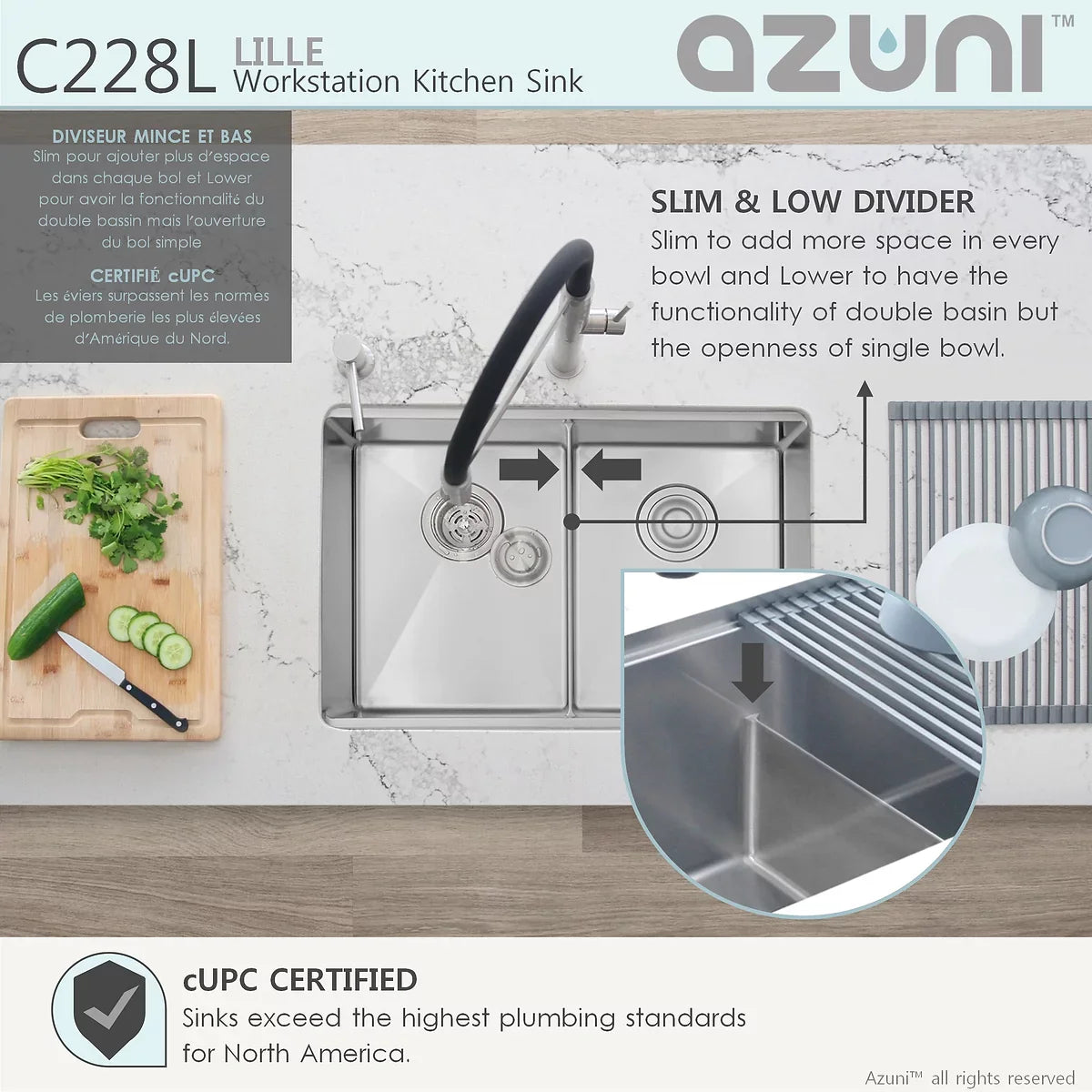 Azuni 28" x 19" Lille Workstation Double Bowl Undermount Kitchen Sink Stainless Steel C228l