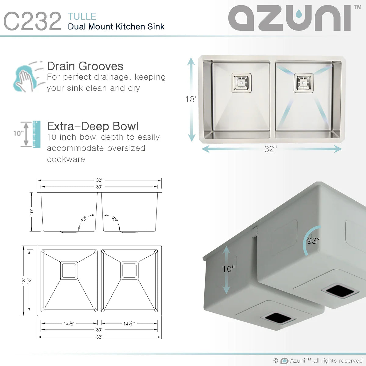 Azuni 32" x 18" Tulle Square Strainer 16 Gauge Undermount or Drop-in 50/50 Double Bowl Stainless Steel Kitchen Sink C232