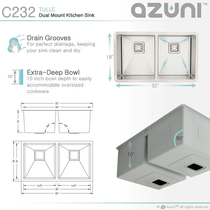 Azuni 32" x 18" Tulle Square Strainer 16 Gauge Undermount or Drop-in 50/50 Double Bowl Stainless Steel Kitchen Sink C232