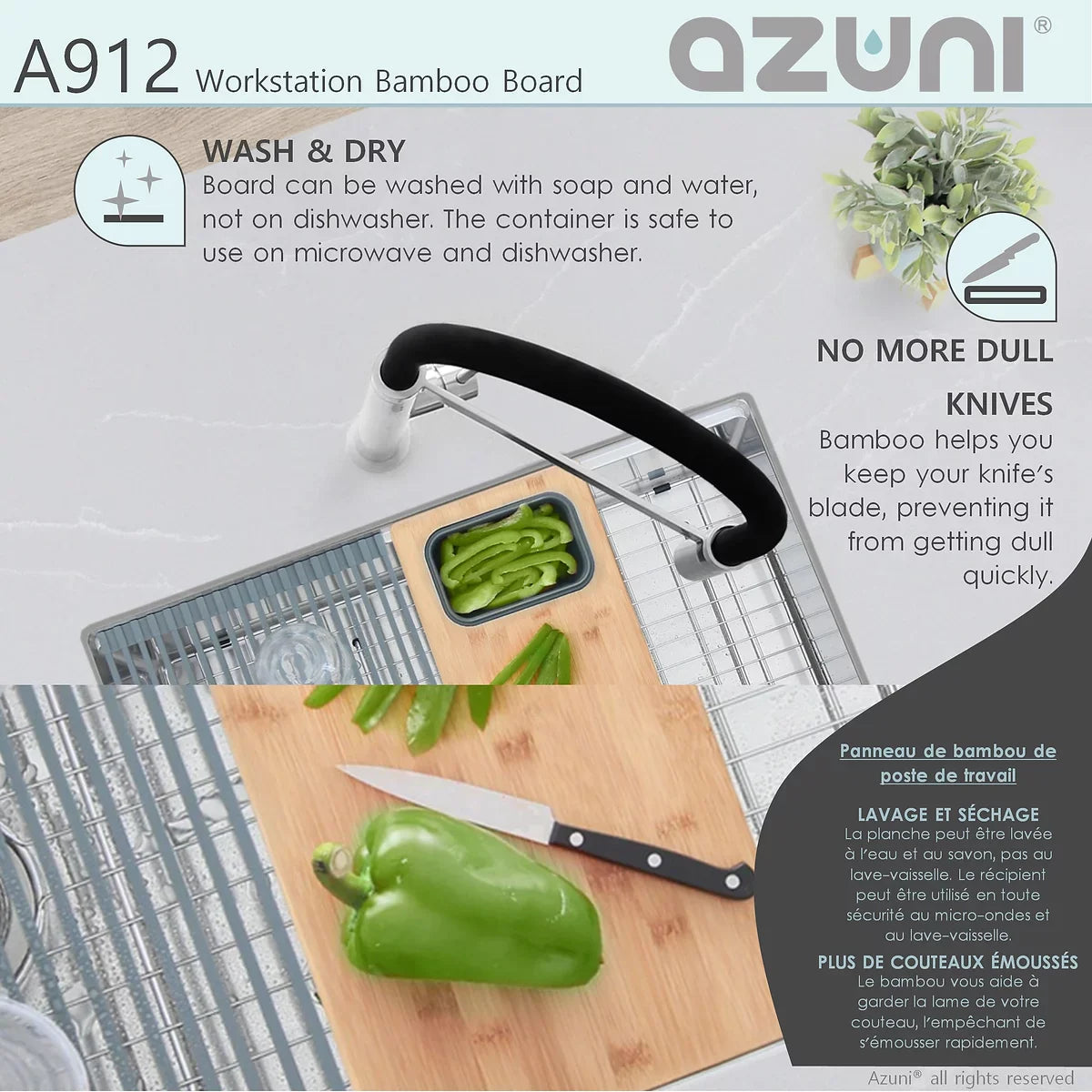 Azuni 17" Workstation Sink Bamboo Cutting Board Set With Container A912