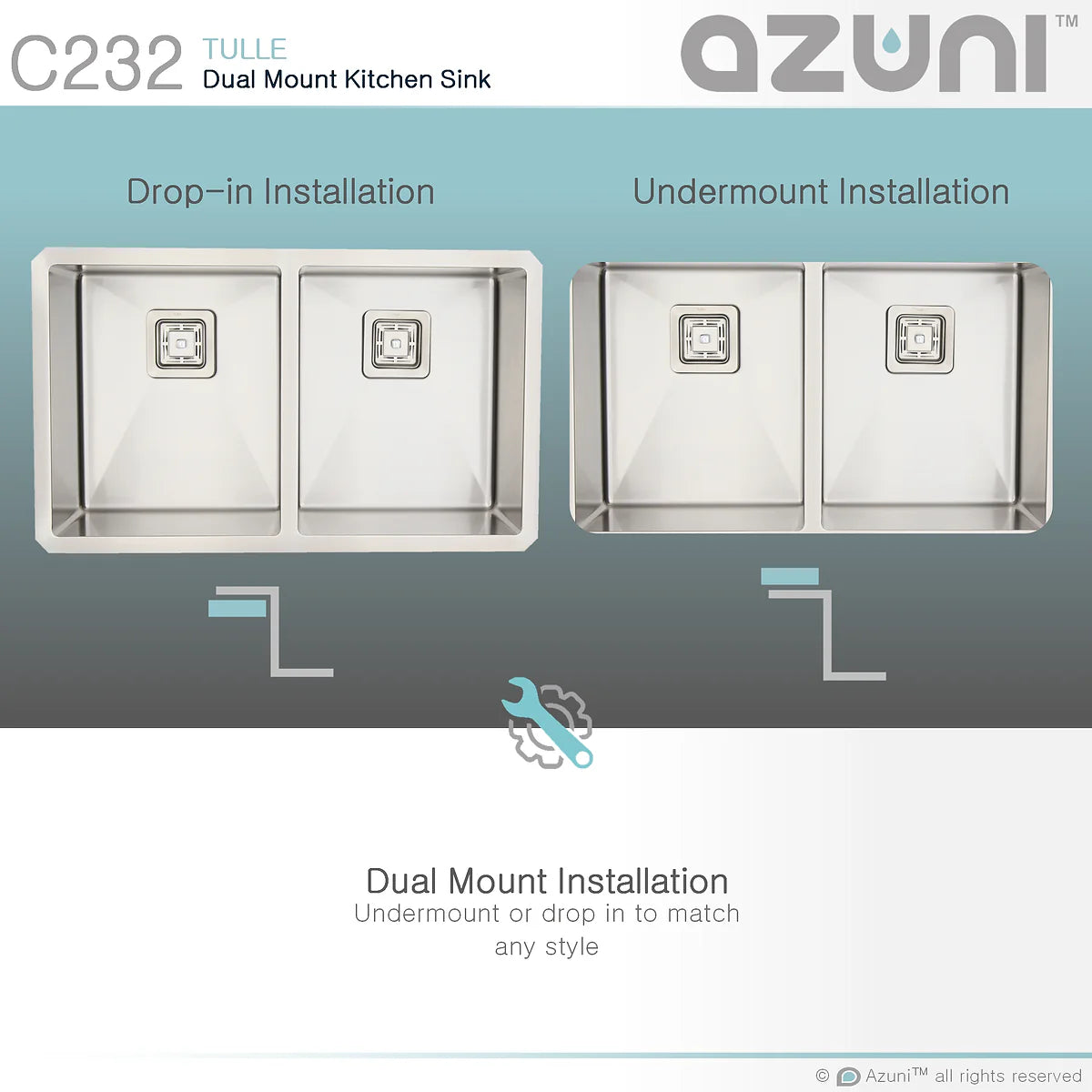 Azuni 32" x 18" Tulle Square Strainer 16 Gauge Undermount or Drop-in 50/50 Double Bowl Stainless Steel Kitchen Sink C232