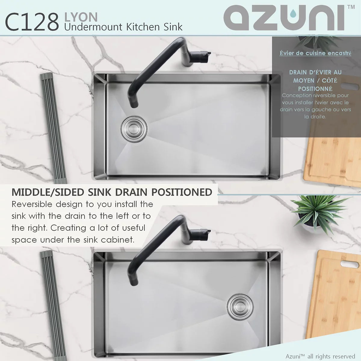 Azuni 28" x 18" Lyon Undermount Single Bowl Kitchen Sink Stainless Steel C128