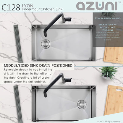 Azuni 28" x 18" Lyon Undermount Single Bowl Kitchen Sink Stainless Steel C128