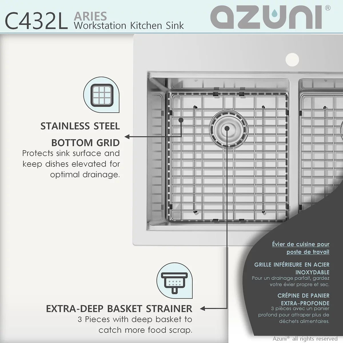 Azuni Aries 31” x 20.5" Workstation Double Bowl Kitchen Sink Stainless Steel C432L