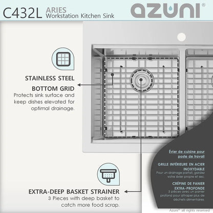 Azuni Aries 31” x 20.5" Workstation Double Bowl Kitchen Sink Stainless Steel C432L