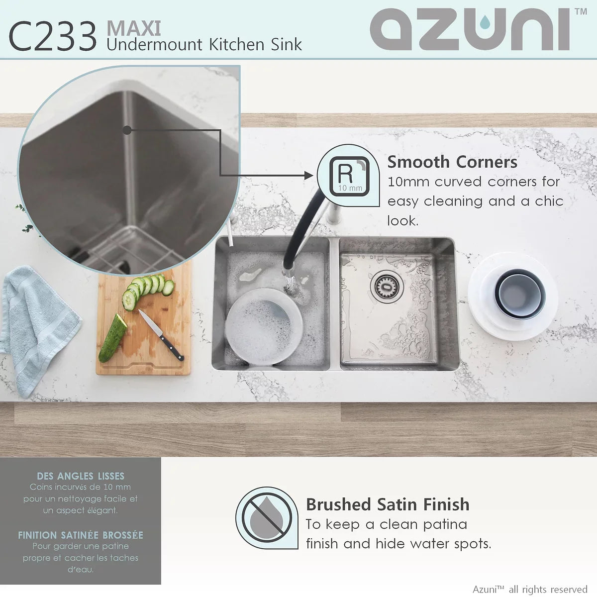 Azuni 32" x 18.5" Maxi Undermount Double Bowl Kitchen Sink Stainless Steel C233