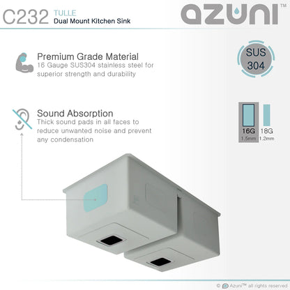 Azuni 32" x 18" Tulle Square Strainer 16 Gauge Undermount or Drop-in 50/50 Double Bowl Stainless Steel Kitchen Sink C232