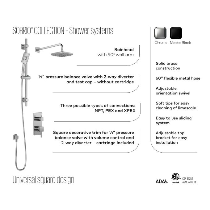 Kalia Sobrio PB2 - 1/2” Pressure Balance Shower System Without Valve (BF2086)