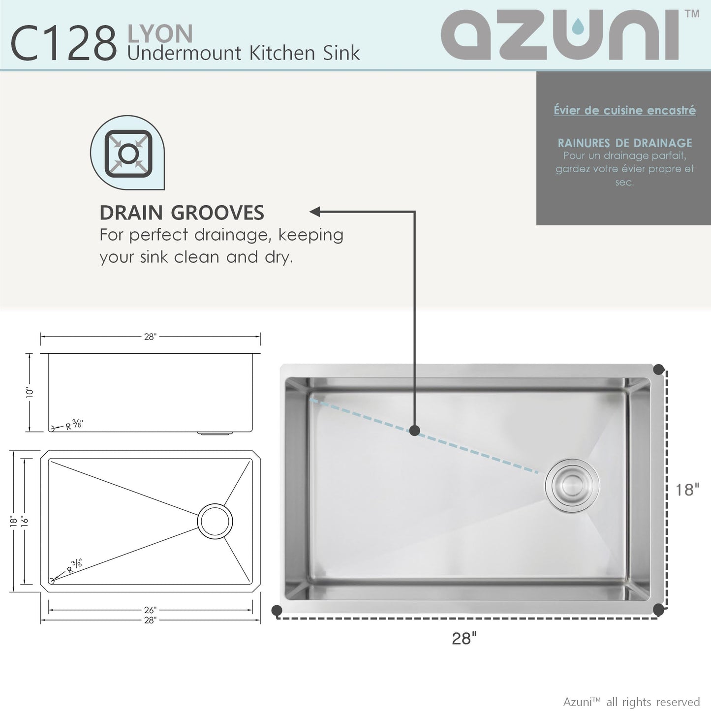 Azuni 28" x 18" Lyon Undermount Single Bowl Kitchen Sink Stainless Steel C128